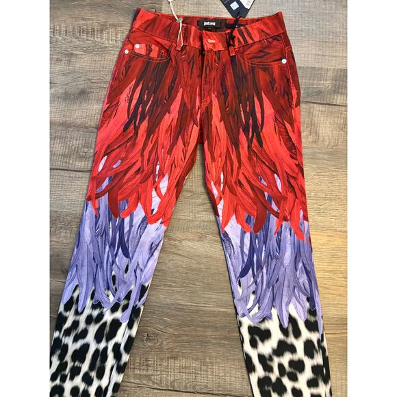NWT Just Cavalli Feather Leopard Print Skinny Jeans Red Purple Y2K Size S 25.5 - Picture 13 of 13